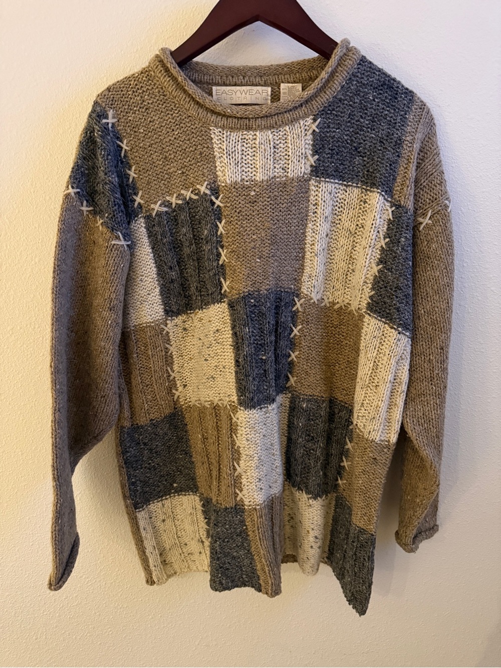 Easywear Vintage Patchwork Knit Sweater Large Wool Blend 90s Grandmacore